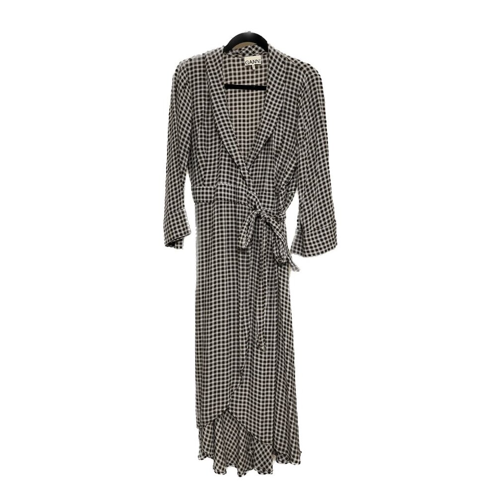 Ganni Gray Check Midi Wrap Dress
